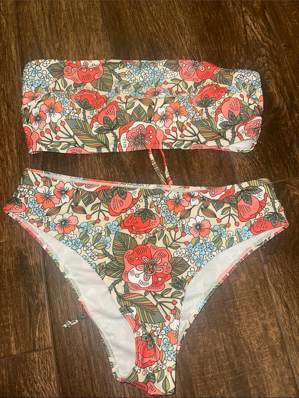 Floral Bandeau Bikini Set - Coral & Cream